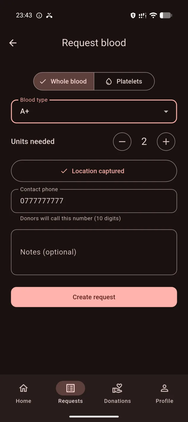 Hayatuk request blood form with blood type, units and contact fields