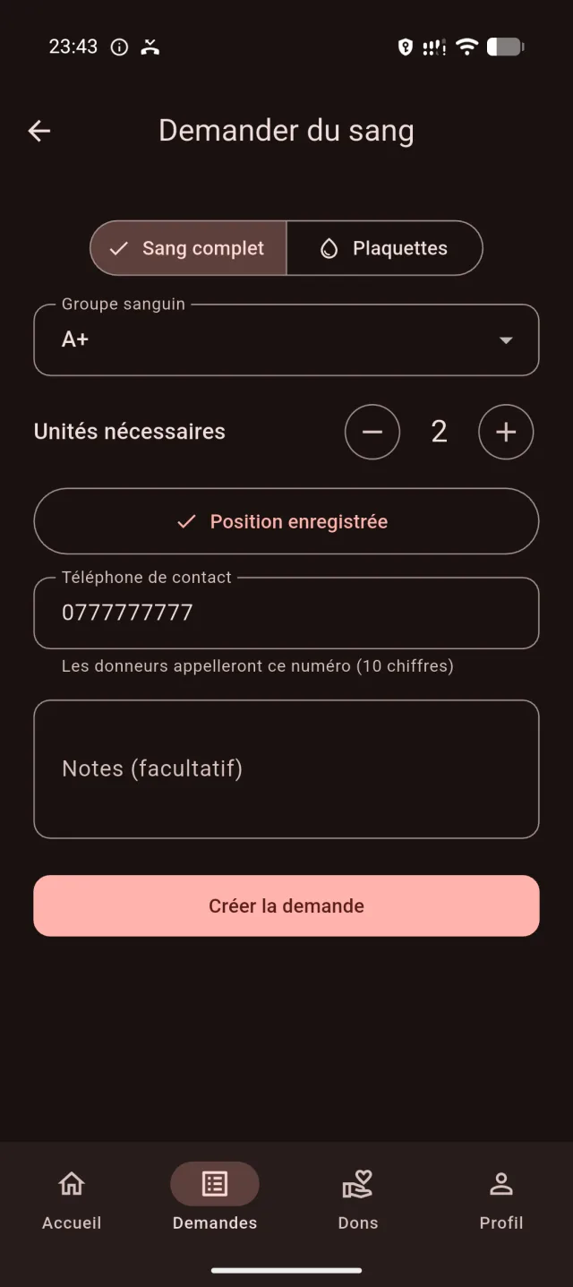 Formulaire de demande de sang de Hayatuk avec groupe sanguin, unités et contact